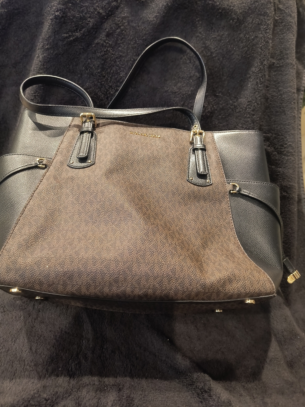 Michael Kors Voyager Large Signature Logo & Leather Tote Bag Brown & Black